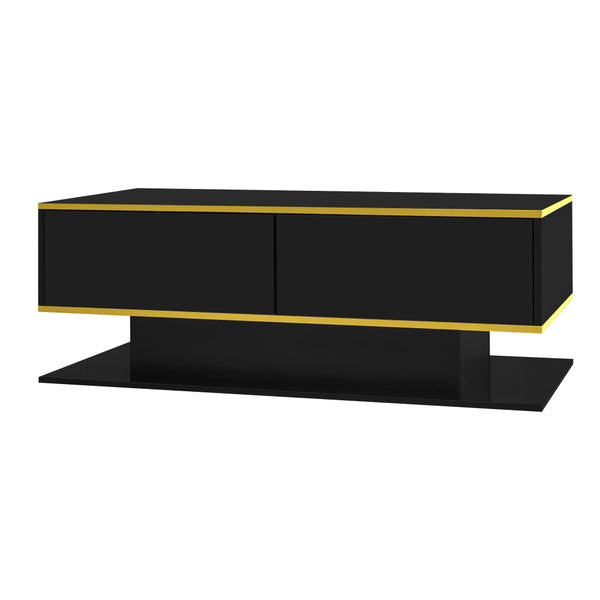 Modern LED coffee table, 100cm high gloss white coffee table, with 3 drawers and RGB light strips, adjustable color/brightness, gold edge, PB board material, suitable for living room, bedroom, lounge, studio - with a load-bearing capacity of 50kg and spac