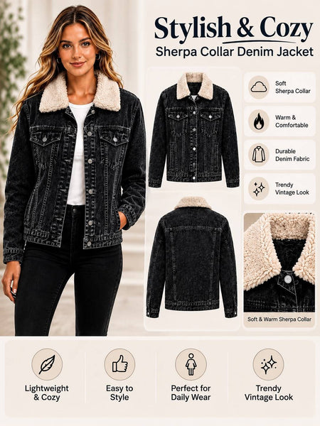 Women'S Black Denim Jacket with Sherpa Collar, Fleece Lined Jean Trucker Jacket, Warm Button Up Long Sleeve Winter Coat, Casual Vintage Denim Outerwear with Pockets