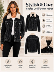 Women'S Black Denim Jacket with Sherpa Collar, Fleece Lined Jean Trucker Jacket, Warm Button Up Long Sleeve Winter Coat, Casual Vintage Denim Outerwear with Pockets