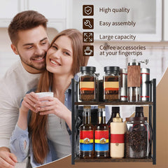 2 Tier Wooden Spice Rack, Kitchen Counter Organiser for Spices, Oil Bottles, Coffee Storage, Rustic Design with Stable Structure, Quick Assembly, Versatile for Home and Office Use