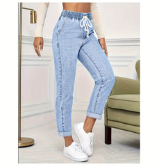 Ladies' 2026 New Elastic Waist Drawstring Slim-Fit Nine-Point Jeans, Acid-Washed Light Blue Rolled Hem Straight-Leg Denim Pants, Elegant Women'S Clothing, Tapered Pants Suitable for All Seasons, Pocketed Mom Jeans