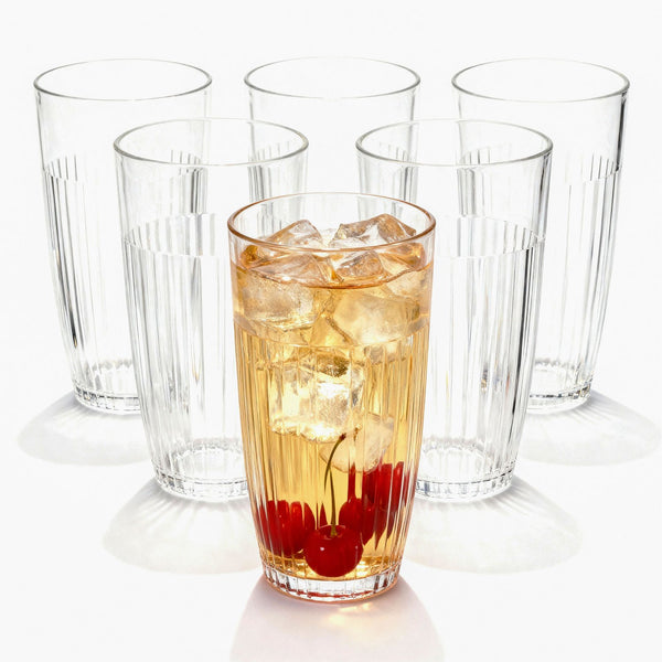 Set of 6 Clear Fluted Hi Ball Plastic Acrylic Drink Tumblers - Stackable Glasses for Picnics, BBQ’s, Poolside, Camping, Children’s Parties