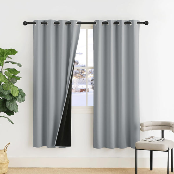 PONY DANCE Grey Blackout Thermal Insulated Curtains for Bedroom, 46 X 54 Inch Short Eyelet Curtains & Drapes, Soft Black Out 2 Panels for Window Living Room/Kitchen