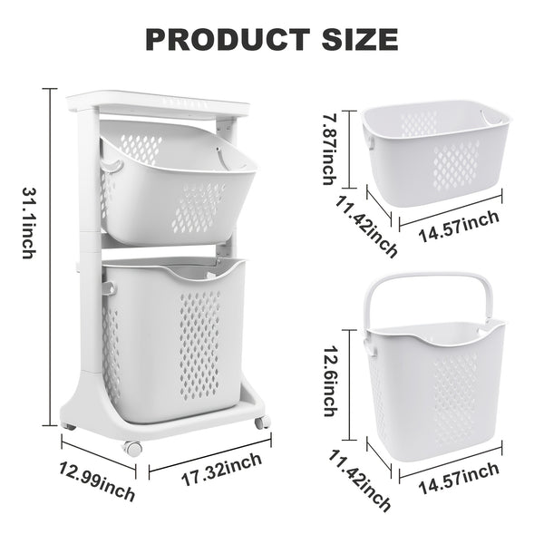 2-Tier/4-Tier Rolling Laundry Cart with Removable Baskets - Heavy-Duty Plastic Frame & Wheeled Hamper Organizer, Modern Bathroom Storage Cart Suitable for,, Dorm, Hotel - Space-Saving Clothes Sorting System, Laundry Baskets