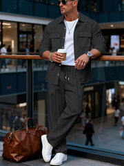 Spring And Autumn Men's Long Sleeved Pants with A Sense Of Luxury And Retro Temperament Featuring Lapel Pockets And Button Long Sleeved Jackets And Versatile Casual Pants Men's 2pcs Clothing Set