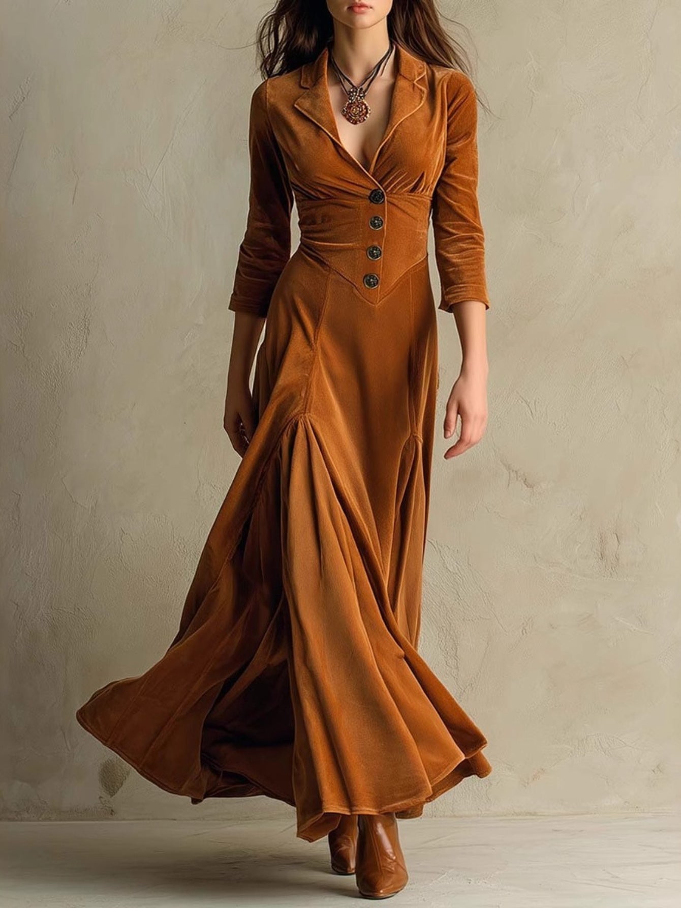 Chic Long Dress with a Lapel Collar, Featuring Three-Quarter Sleeves And a Vintage Full Skirt. Perfect for Autumn And Winter Office Wear, Retro Gatherings, Casual Outings, And Light Social Events