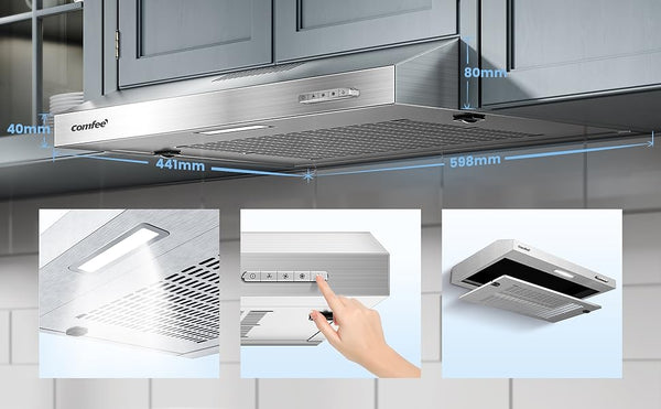 Midea COMFEE' 60 Cm Visor Cooker Hood - Compact LED Under Cabinet Hood, Wall-Mounted Extractor Fan for 600 Mm Kitchen Areas, Home-Friendly Top Vented Stainless Steel Range Hood [Energy Class B]