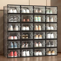 Pack of 12 Stackable Shoe Boxes Shoe Storage Organisers, Sturdy & Durable, Space Saving, Shoe Organizer Containers with Lids for Women/Men, Ideal for Entryway, Closet, Living Room, Bedroom, Office, Dorm, Fit Up To UK Size 9.5, 23x33x14cm