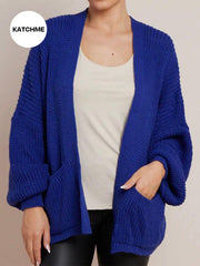 KatchMe Women's Commuter Versatile Balloon Sleeve Knit Short Cardigan ，Casual Knitwear for Lady, Plain Open-Front Side Pocket Womenswear