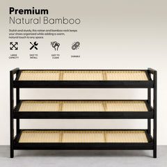 KEPLIN 2/3/4-Tier Bamboo and Rattan Shoe Rack Organizer – Durable, Easy Assembly – Compact Design for Entryway, Closet, or Hallway – Stylish and Functional Storage – Black and Natural