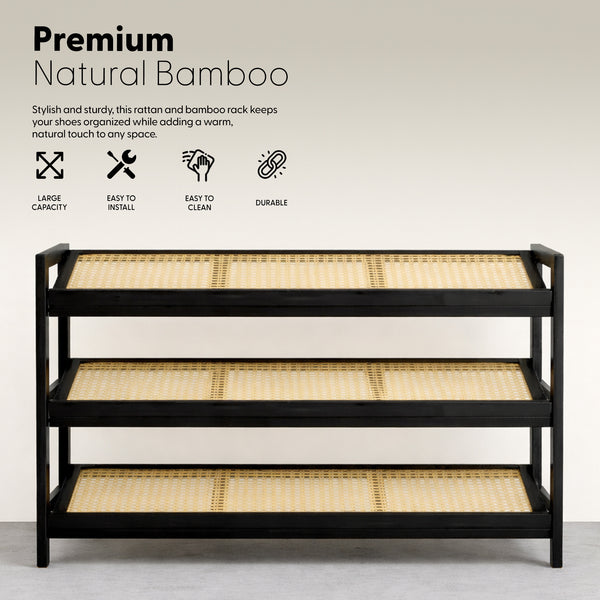 KEPLIN 2/3/4-Tier Bamboo and Rattan Shoe Rack Organizer – Durable, Easy Assembly – Compact Design for Entryway, Closet, or Hallway – Stylish and Functional Storage – Black and Natural