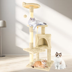 A Luxurious Beige Cat Tree, Super Large And Four Stories High, Featuring a Scratching Post, a Hanging Ball, And a Snug Little House. an Ideal Present for Indoor Cats, This Cat Tower Includes a Litter Area And a Scratching Board