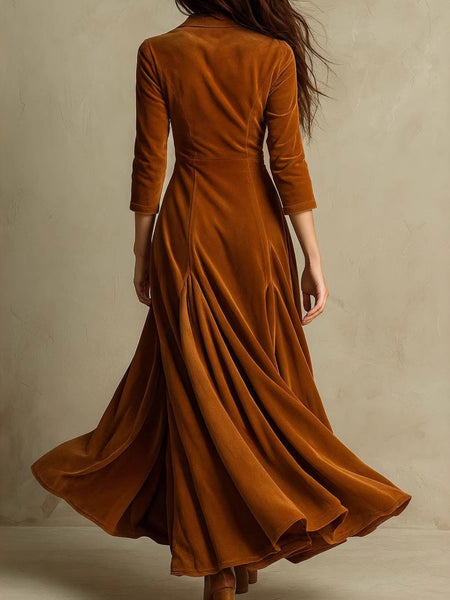 Chic Long Dress with a Lapel Collar, Featuring Three-Quarter Sleeves And a Vintage Full Skirt. Perfect for Autumn And Winter Office Wear, Retro Gatherings, Casual Outings, And Light Social Events
