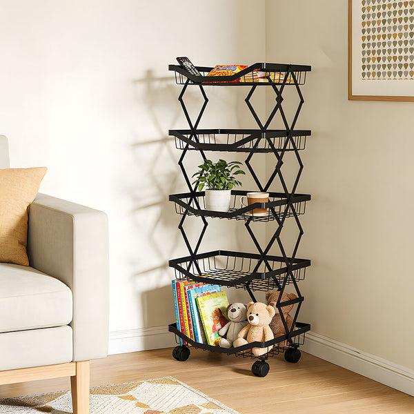 Foldable Kitchen Organizer Cart with 360° Rotating & Multi-Tier Shelves, Large Capacity Metal Vegetable Cart & Organiser - Portable, Space-Saving Storage for Pantry, Utility Room & Kitchen