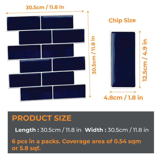 WALPLUS 6 Pcs 3D Tile Stickers Peel and Stick Backsplash Splashback Decals Tile Transfer for Kitchen Bathroom Living Room Stick on Tile Waterproof Glossy 30.5 x 30.5cm (12