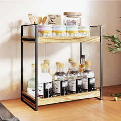 2 Tier Spice Racks Wood & Metal Organiser - Multipurpose Storage Shelf for Coffee Station, Bathroom Vanity, Kitchen Countertop (34x33x17cm) - Rustic British Home Decor