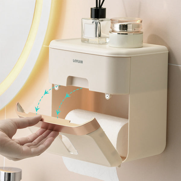 Luxury-inspired no-drill wall-mounted tissue dispenser, waterproof bathroom storage rack, kitchen paper holder, toilet roll holder, dual-purpose tissue/roll dispenser, multi-functional tissue storage rack. Compact design suitable for bathrooms, kitchens,