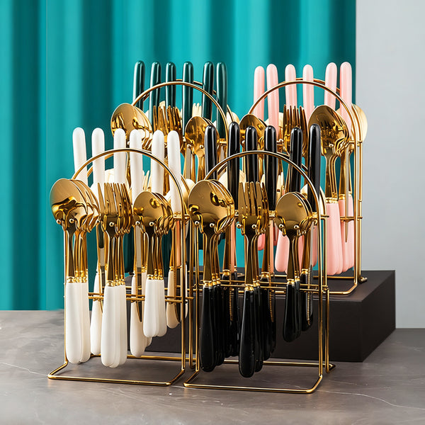 24pcs Stainless Steel Tableware Set with Ceramic Handles, Fork Spoon Set with Utensil Holder, for Home Use/Restaurant, Serves for 6 People