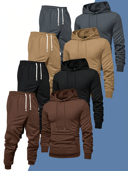8pcs Men'S Hooded Sweatshirt + Sweatpants Autumn And Spring Casual Sports Suit Solid Color Plain Pullover Regular Long Sleeve Hoodie And Drawstring Elastic Waist Ribbed Ankle Pants