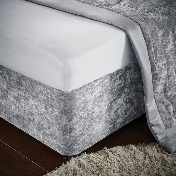 Elegant Silver Grey Crushed Velvet Wrap Around Bed Skirt - 40CM Extra Deep Bedbase Cover for Bedroom Guest Room with Adjustable All Around Elastic for Easy Fit - Soft, Breathable, and Dust-Repelling
