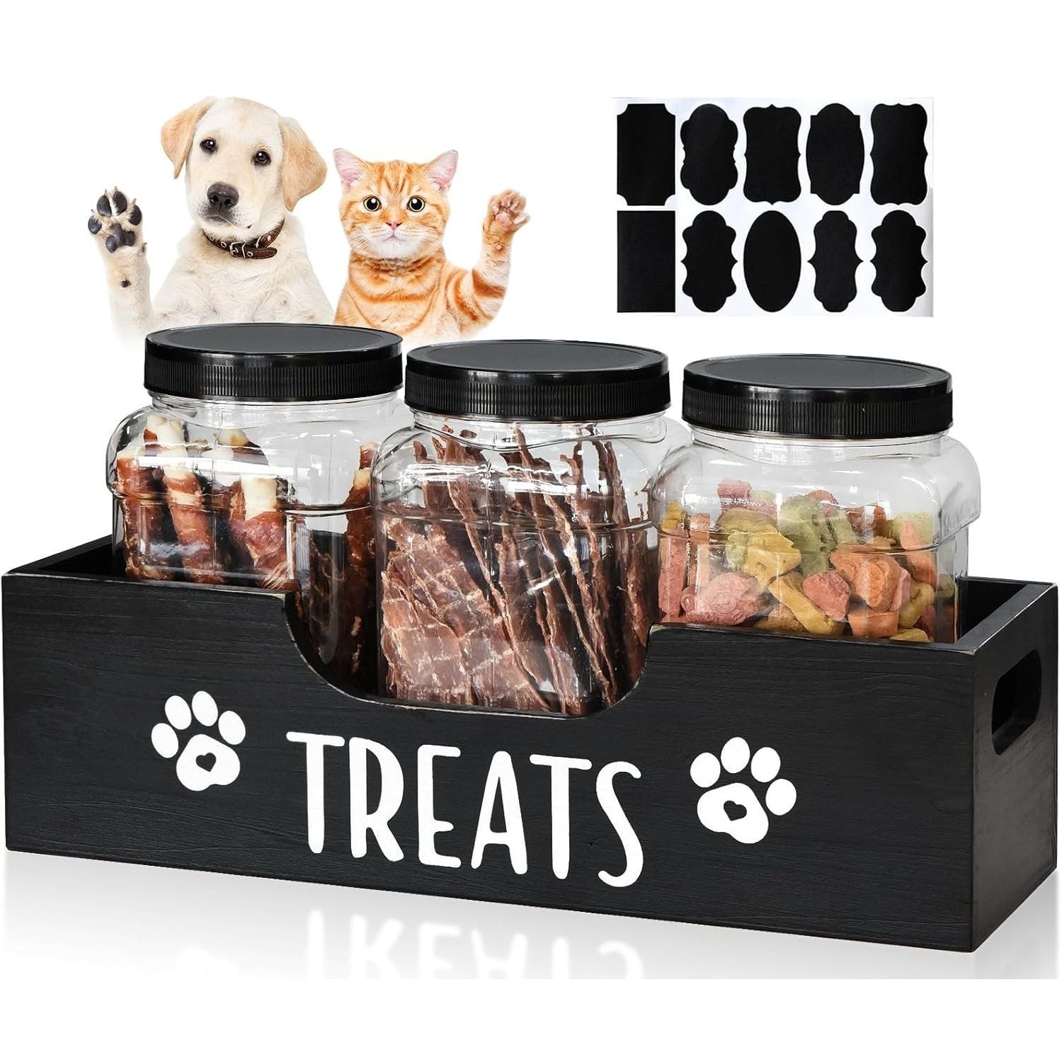 5-in-1 Wooden Pet Food Storage + 3 Plastic Jars + 1 Sticker – Uncharged Container for Dog & Cat Food Storage – Durable Wood Material Farmhouse Style Organizer for Pet Treats