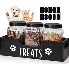 5-in-1 Wooden Pet Food Storage + 3 Plastic Jars + 1 Sticker – Uncharged Container for Dog & Cat Food Storage – Durable Wood Material Farmhouse Style Organizer for Pet Treats
