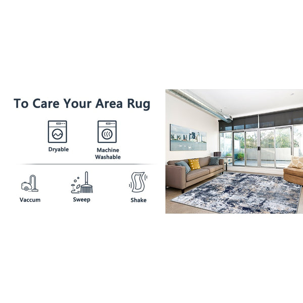 Capslpad Navy Blue Abstract Area Rug 200x300cm | Modern Short Pile Soft Faux Wool, Machine Washable, Non Slip, Minimalist Floor Mat for Living Room, Bedroom, Office, Kitchen Decor