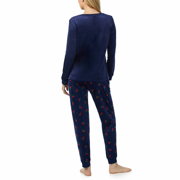 Jane & Bleecker Women'S Silky Plush Pyjama Set in Navy Cherries