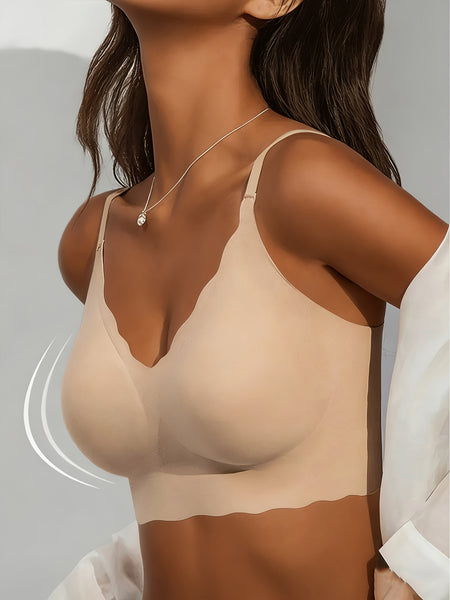 Elegant Wireless Comfort Bra With Wave-Edge | Solid Color, Non-Removable Padding, Patched Detail