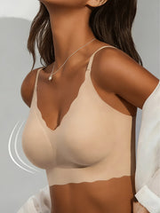 Elegant Wireless Comfort Bra With Wave-Edge | Solid Color, Non-Removable Padding, Patched Detail