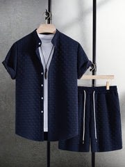 Men'S Casual Short Sleeve Button-Up Shirt & Shorts Set - Solid Black, Breathable Polyester Blend, Regular Fit for Summer, Everyday Comfort, Casual Summer Wear | Buttonup Shirt | Polyester Blend