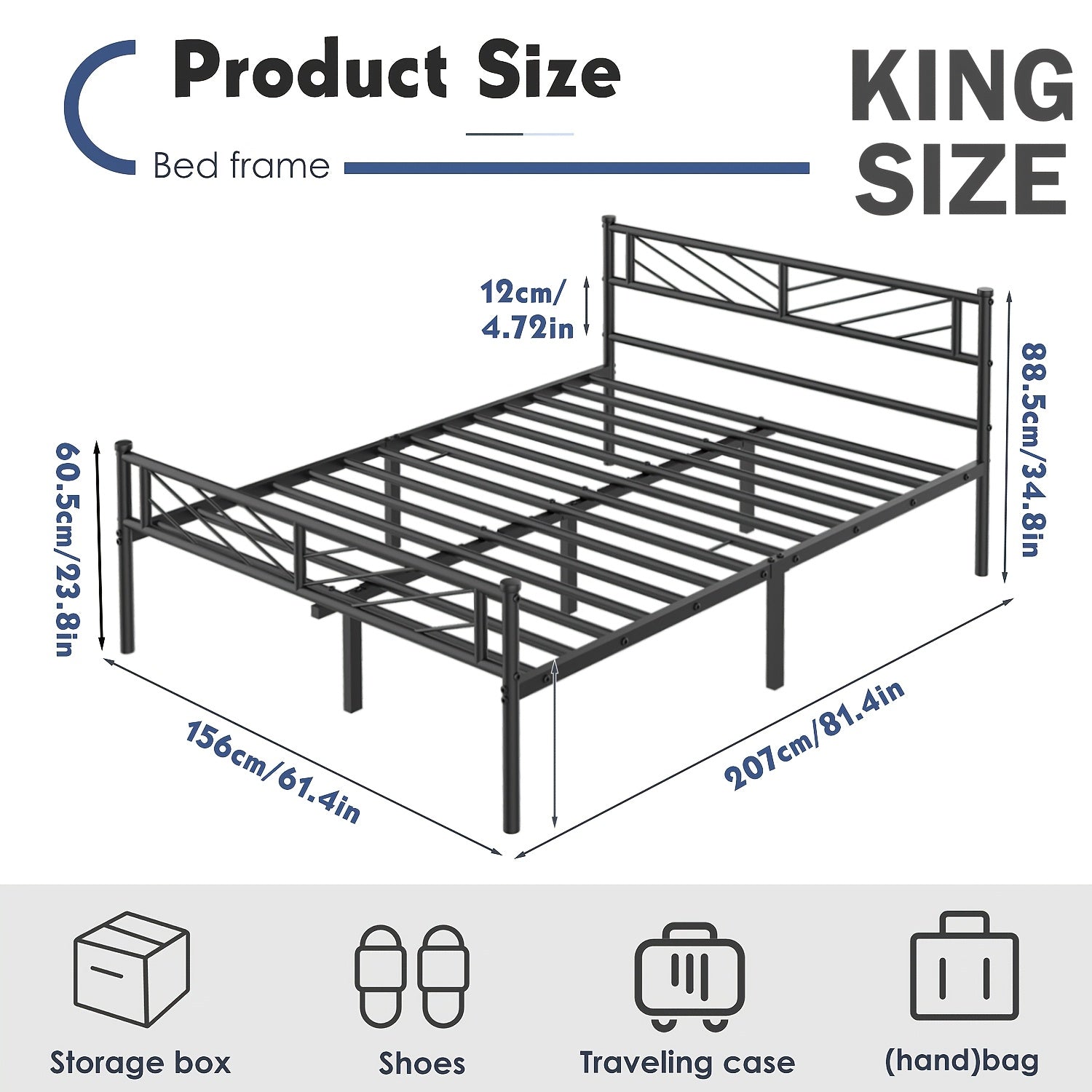 Chic Arrow-Patterned Metal Bed Frame with Under-Bed Storage - Easy Assembly, No Box Spring Needed - Black | Sizes: 91.44cm Single, 4ft6 Double, 152.4cm King, Slatted Bed Platform, Headboard, Oyajia