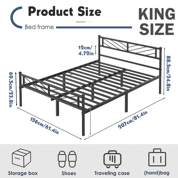 Chic Arrow-Patterned Metal Bed Frame with Under-Bed Storage - Easy Assembly, No Box Spring Needed - Black | Sizes: 91.44cm Single, 4ft6 Double, 152.4cm King, Slatted Bed Platform, Headboard, Oyajia