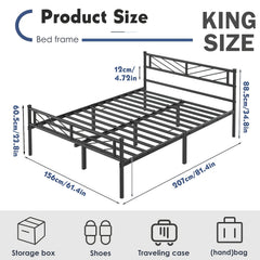 Chic Arrow-Patterned Metal Bed Frame with Under-Bed Storage - Easy Assembly, No Box Spring Needed - Black | Sizes: 91.44cm Single, 4ft6 Double, 152.4cm King, Slatted Bed Platform, Headboard, Oyajia
