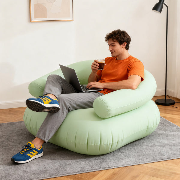 73*73*52cm U-shaped Outdoor Leisure Inflatable Sofas, Portable Inflatable Mattresses for Home Use, with Backrest, Foot Pump Included, Durable and Wear-resistant, Suitable for Home, Camping, Beach and Travel Use Green/Purple