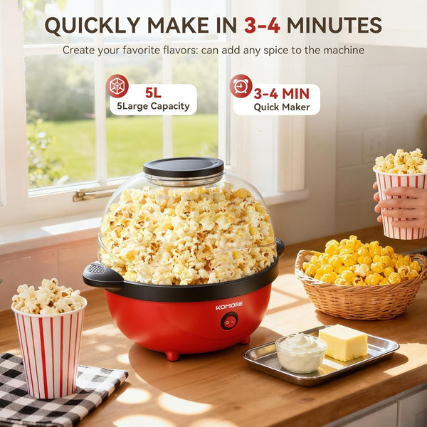 Popcorn Machine 5L Popcorn Maker Round, Non-Stick Coated, Removable Lid, Sugar, Oil & Butter Supportable, Electric Pop Corn Maker Machine for Christmas Movie Parties