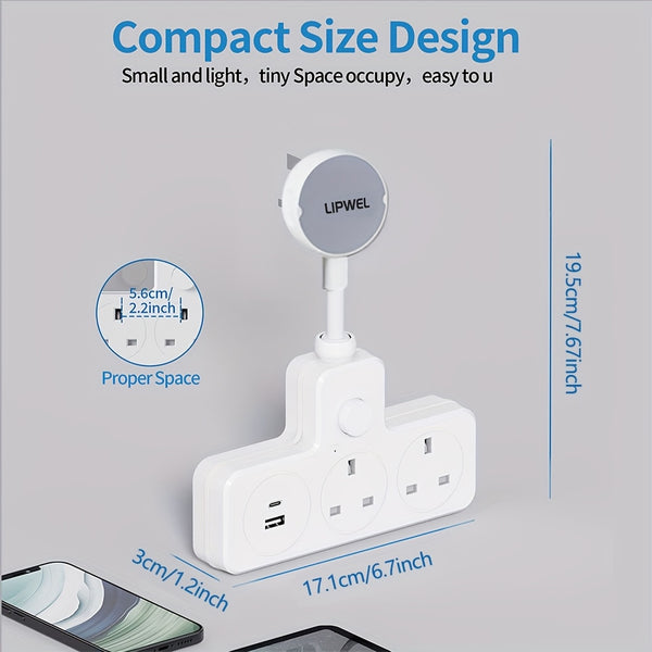 LIPWEL UK Plug Extension Socket with 3 AC Outlets & 2 USB Ports, Flame Retardant Material, Pure Copper, Power Switch & Indicator Light, 3120W/13A, Wall-Mountable for Home Office Dorm - White, Plug Outlet Extender, Workspace Organization, Sleek Design, Saf