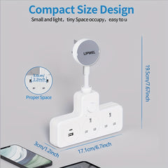 LIPWEL UK Plug Extension Socket with 3 AC Outlets & 2 USB Ports, Flame Retardant Material, Pure Copper, Power Switch & Indicator Light, 3120W/13A, Wall-Mountable for Home Office Dorm - White, Plug Outlet Extender, Workspace Organization, Sleek Design, Saf