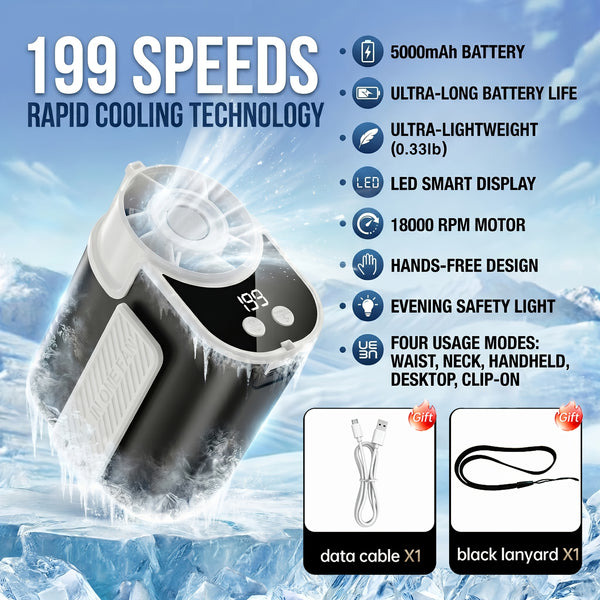 Wearable Air Conditioning Fan - USB Rechargeable, Intelligent 5-Speed High-Speed Fan, Fast Cooling, 5000Mah Battery with Super Long Battery Life, Built-In Flashlight, Ideal for Outdoor Camping, Sports, And Work