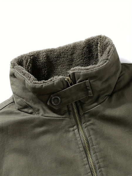 Men'S Fleece Lined Utility Jacket, Winter Outdoor Windproof Coat Warm Cold Weather Gear, Casual Athletic Trench Coat, Comfortable Fleece-Lined Thickened Jacket, Arm Sleeves with Zipper Pockets, Letter Print