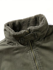 Men'S Fleece Lined Utility Jacket, Winter Outdoor Windproof Coat Warm Cold Weather Gear, Casual Athletic Trench Coat, Comfortable Fleece-Lined Thickened Jacket, Arm Sleeves with Zipper Pockets, Letter Print