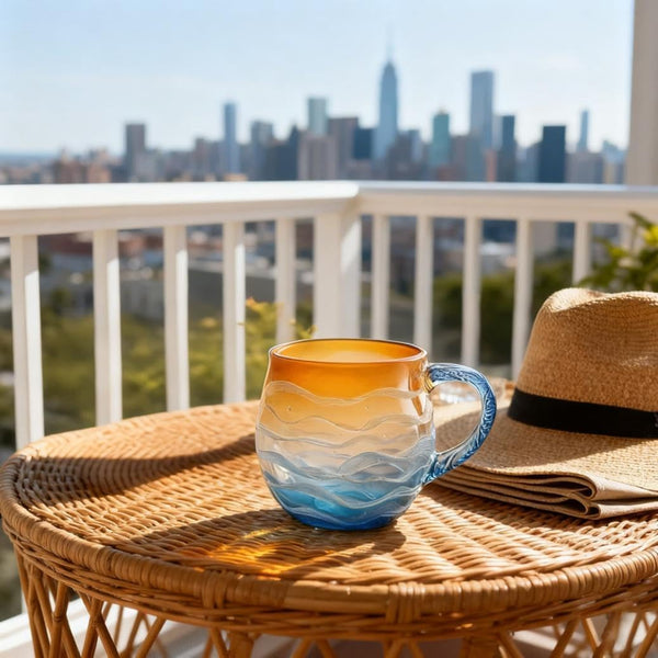 Sea Glass Wave Mug, 12oz Ocean Wave Glass Mug with Handle, Captivating Artistic Beach Sea Wave Coffee Cups Gift for Ocean Lovers, Drinking Coffee, Tea, Wine, Cocktails (Orange)