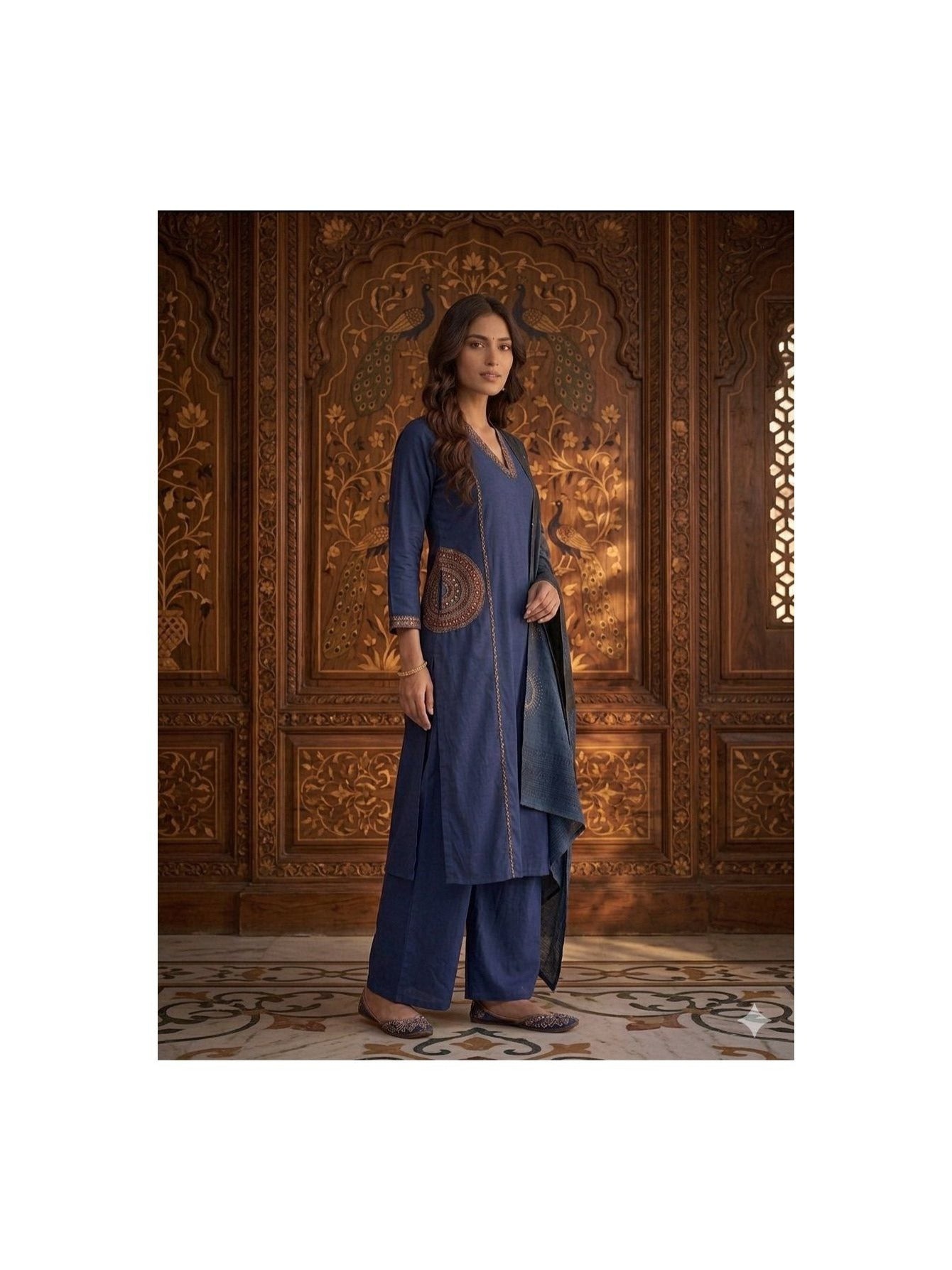 TeamWear* Womens Cotton Embroidered Neck and Dual Pockets Kurta Set with Palazzo and Contrast Dupatta
