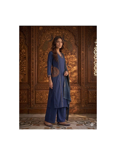 TeamWear* Womens Cotton Embroidered Neck and Dual Pockets Kurta Set with Palazzo and Contrast Dupatta