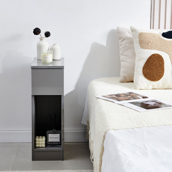 Slim Bedside Table, High Gloss Narrow Nightstand, Small Bedside Cabinet with Storage Space Saving for Bedroom Storage Unit, Living Room Small Sofa Side End Table