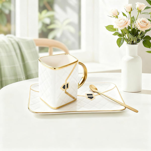 Porcelain Tea Cup and Saucer Set with Spoon, 310ml Handbag Style Ceramic Coffee Cup, High-Temperature Fired, Hand-Glazed with Gold Detailing