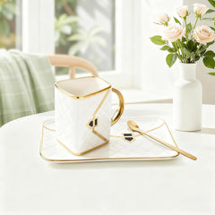 Porcelain Tea Cup and Saucer Set with Spoon, 310ml Handbag Style Ceramic Coffee Cup, High-Temperature Fired, Hand-Glazed with Gold Detailing