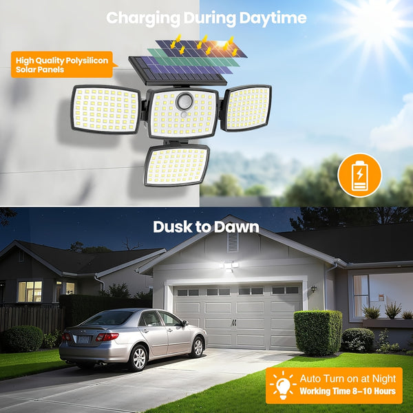 1/ 2pcs Solar Outdoor Lights, 358LED Security Lights with Remote Control, 3 Heads Motion Sensor Lights, IP65 Waterproof, 270° Wide Angle Flood Wall Lights with 3 Modes