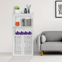 Bathroom Floor Cabinet Shelf FreeStanding Bathroom Storage Unit with Daily Use Layer And Cupboard Double Door, Multi-purpose PVC Cabinet for Store Toilet Paper, Shampoo, White 40x 25x 90cm