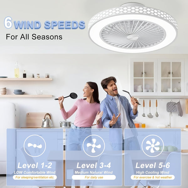 Ceiling Fan with Lights, 6 Speeds Reversible Bladeless Ceiling Fans 3-Color Temperature Stepless Dimming Low Profile Flush Mount Ceiling Fan Quiet Timing for Kitchen, Living Room, Bedroom